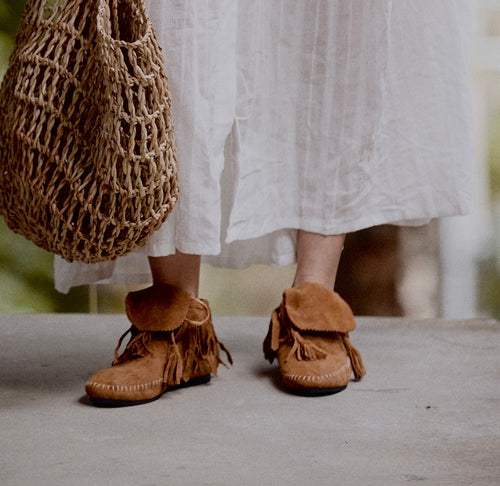 mamapapa - suede fringe camel mocassin