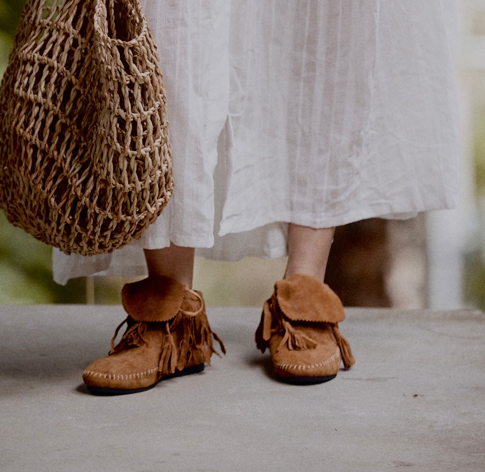 mamapapa - suede fringe camel mocassin