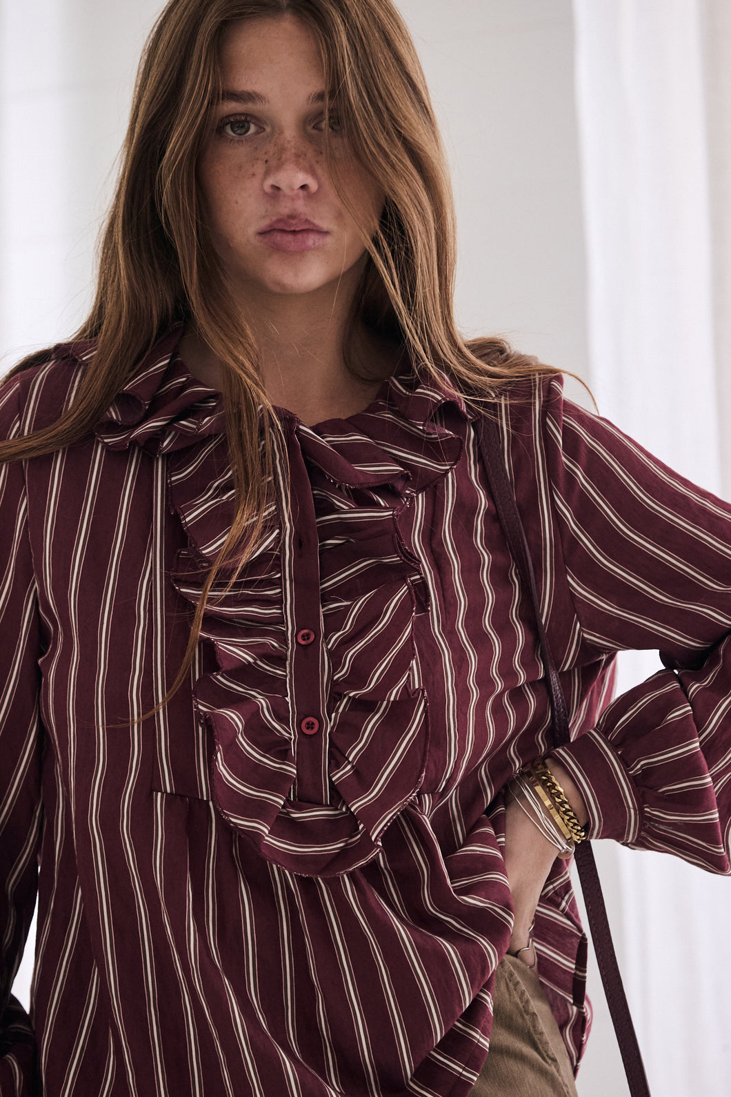 mamapapa - Bonbon burgandy frill stripe shirt