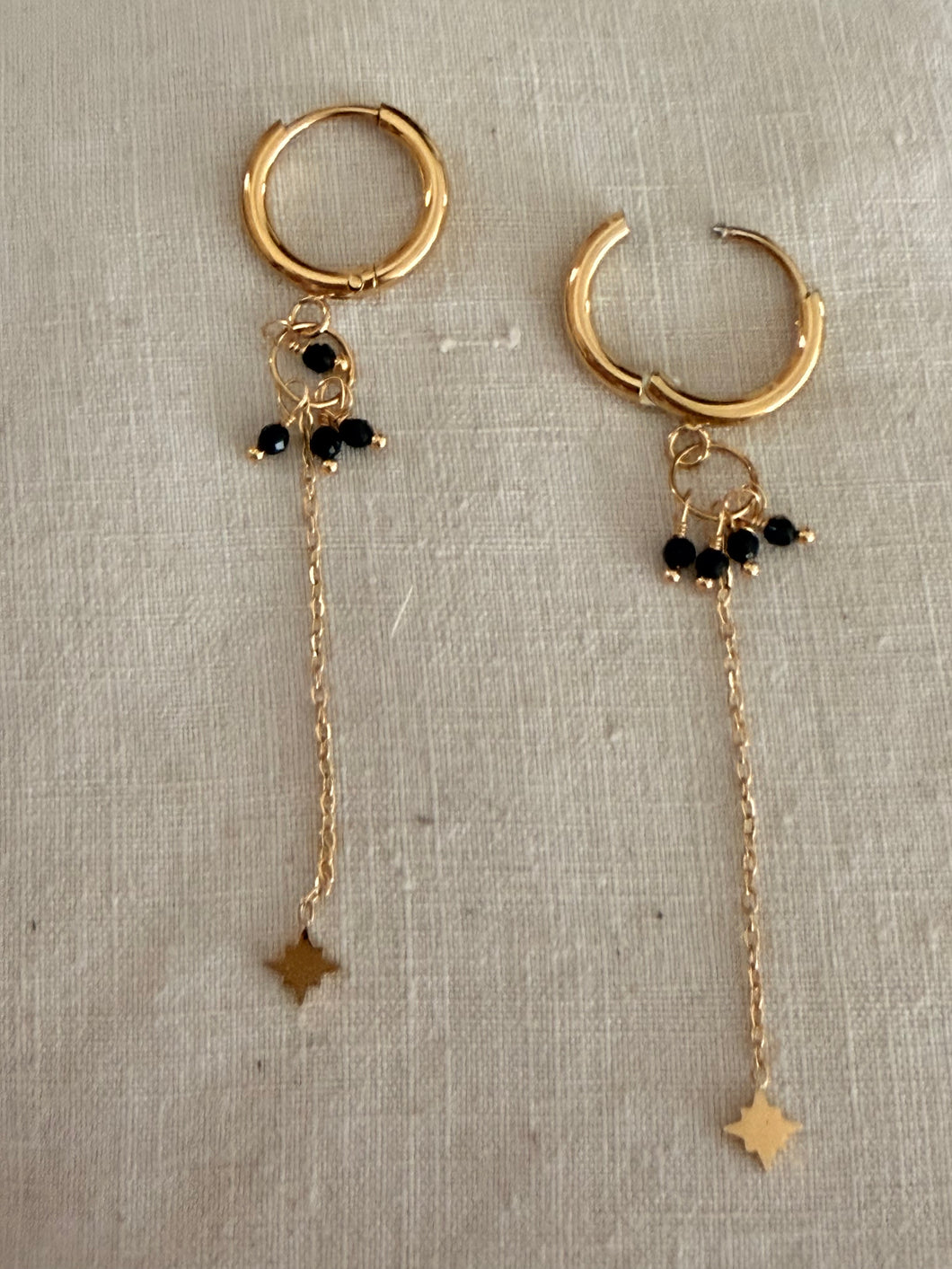 Hoop with black stone  and chain earrings
