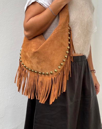 Fringe suede camel bag