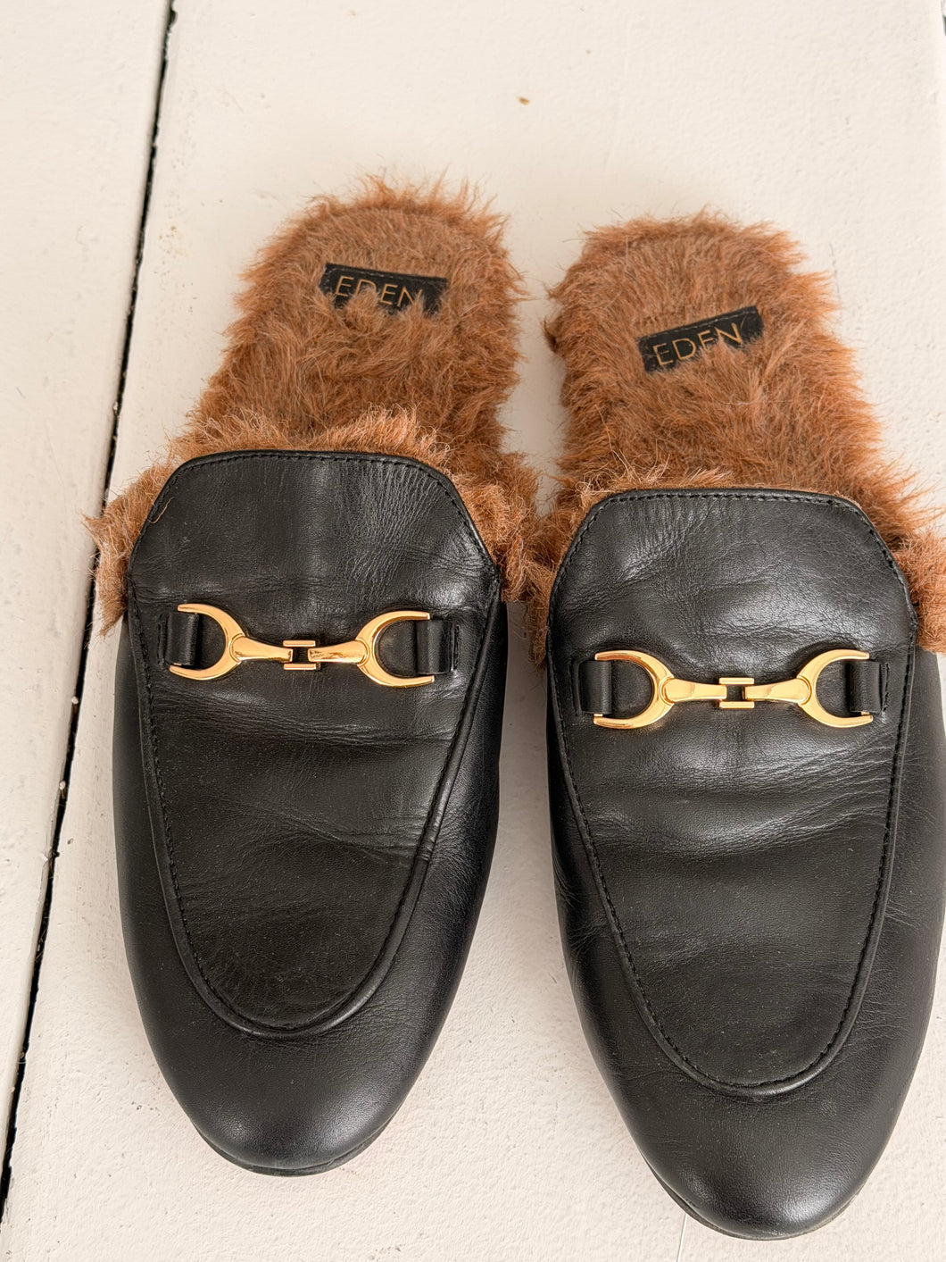 black leather slides