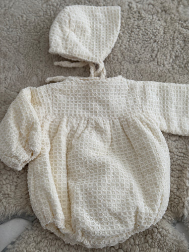 Cream waffle one piece with hat