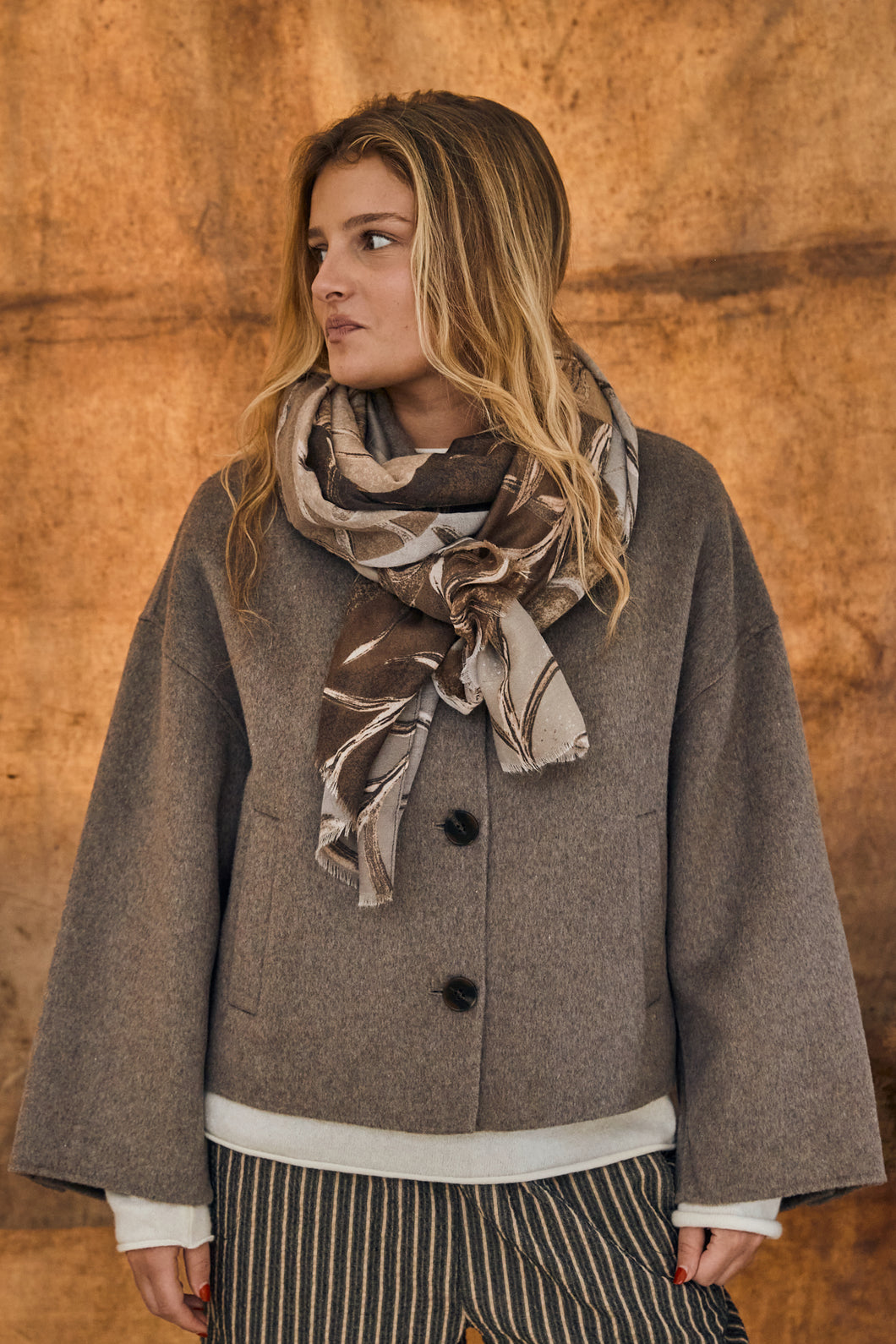 scarf print khaki tones