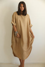 Linen camel long balloon  dress