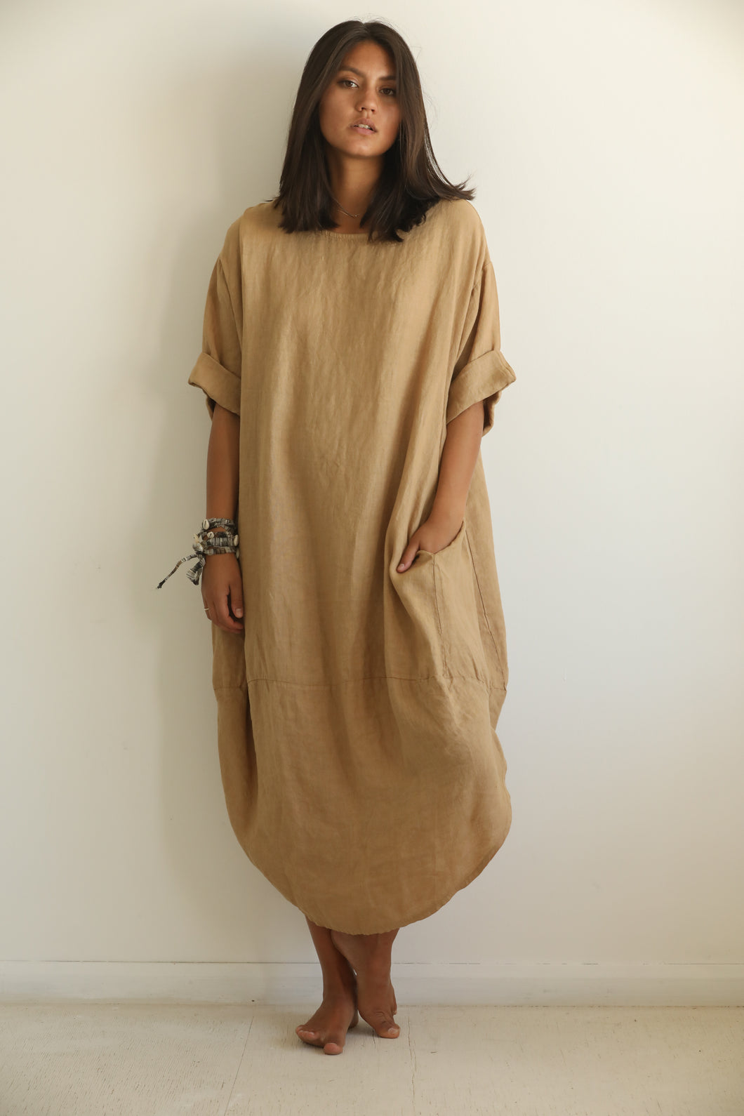 Linen camel long balloon  dress
